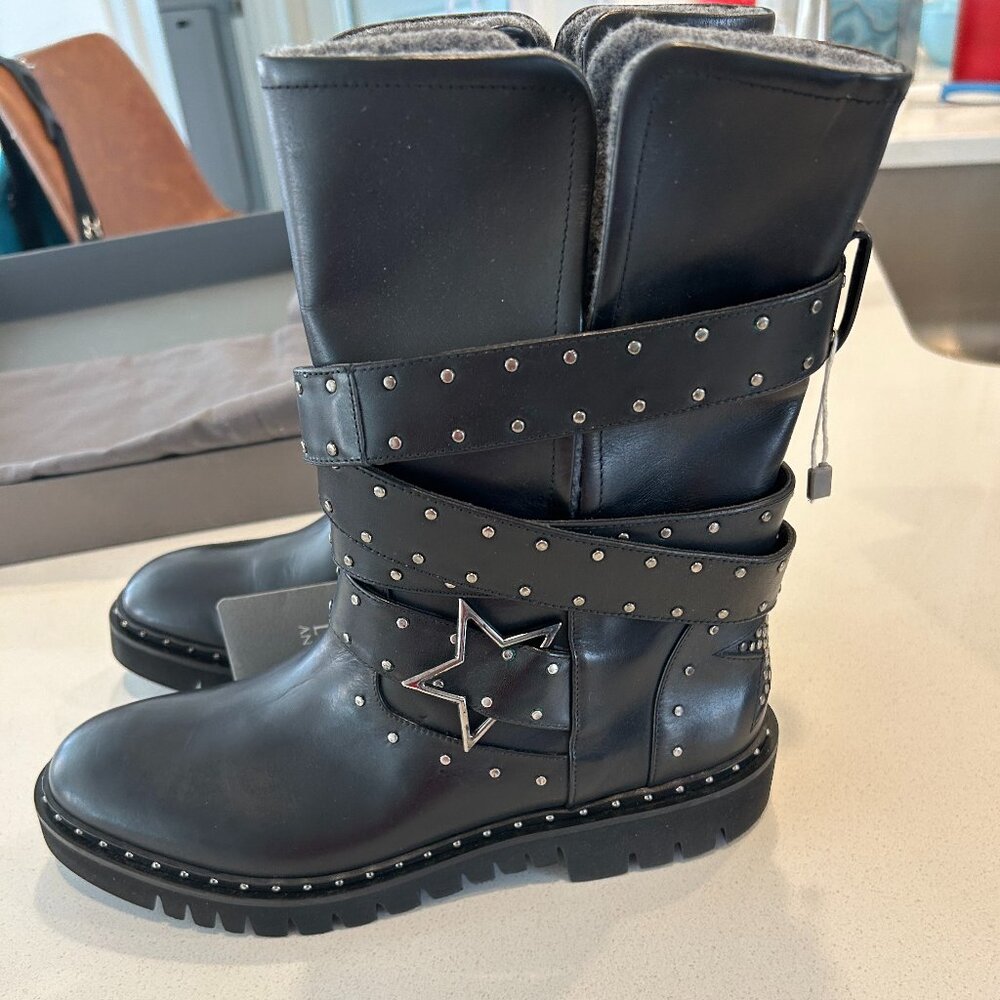 BRAND NEW - Black Leather Biker Boots with Silver Studs